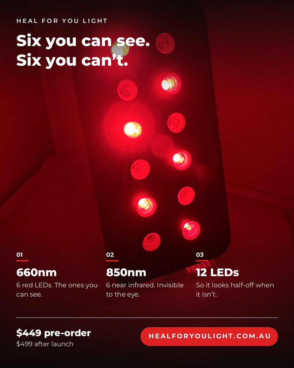 Six you can see, six you can't. 6 red LEDs at 660nm and 6 near infrared at 850nm