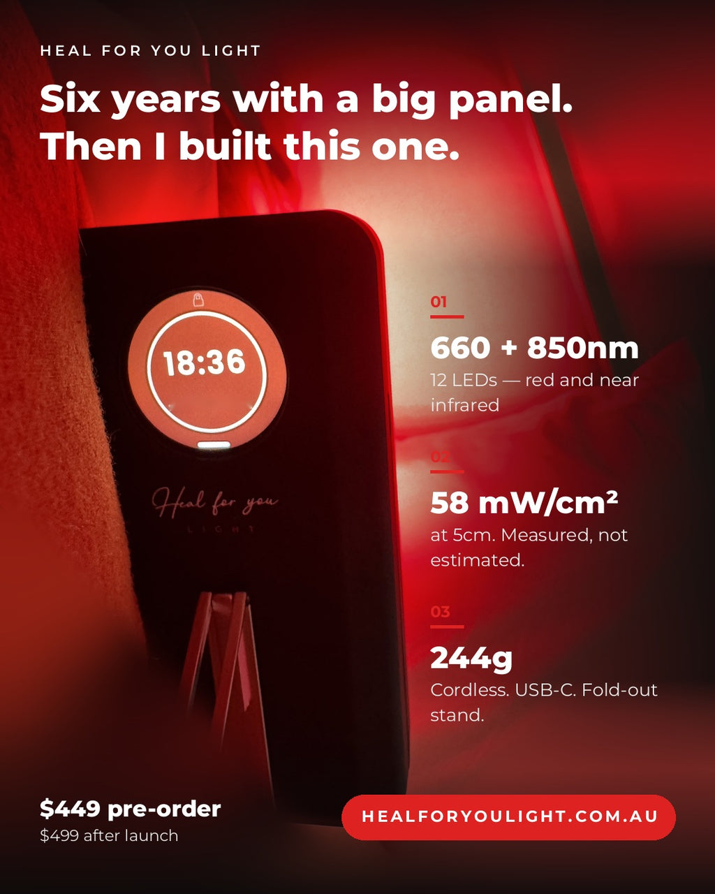 Six years with a big panel, then I built this one. 660 + 850nm, 58 mW/cm² at 5cm, 244g