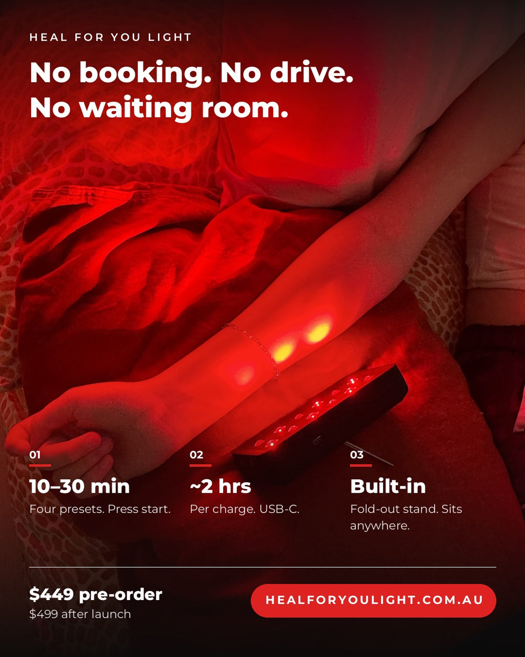 No booking, no drive, no waiting room. 10 to 30 minute presets, about 2 hours per charge, fold-out stand